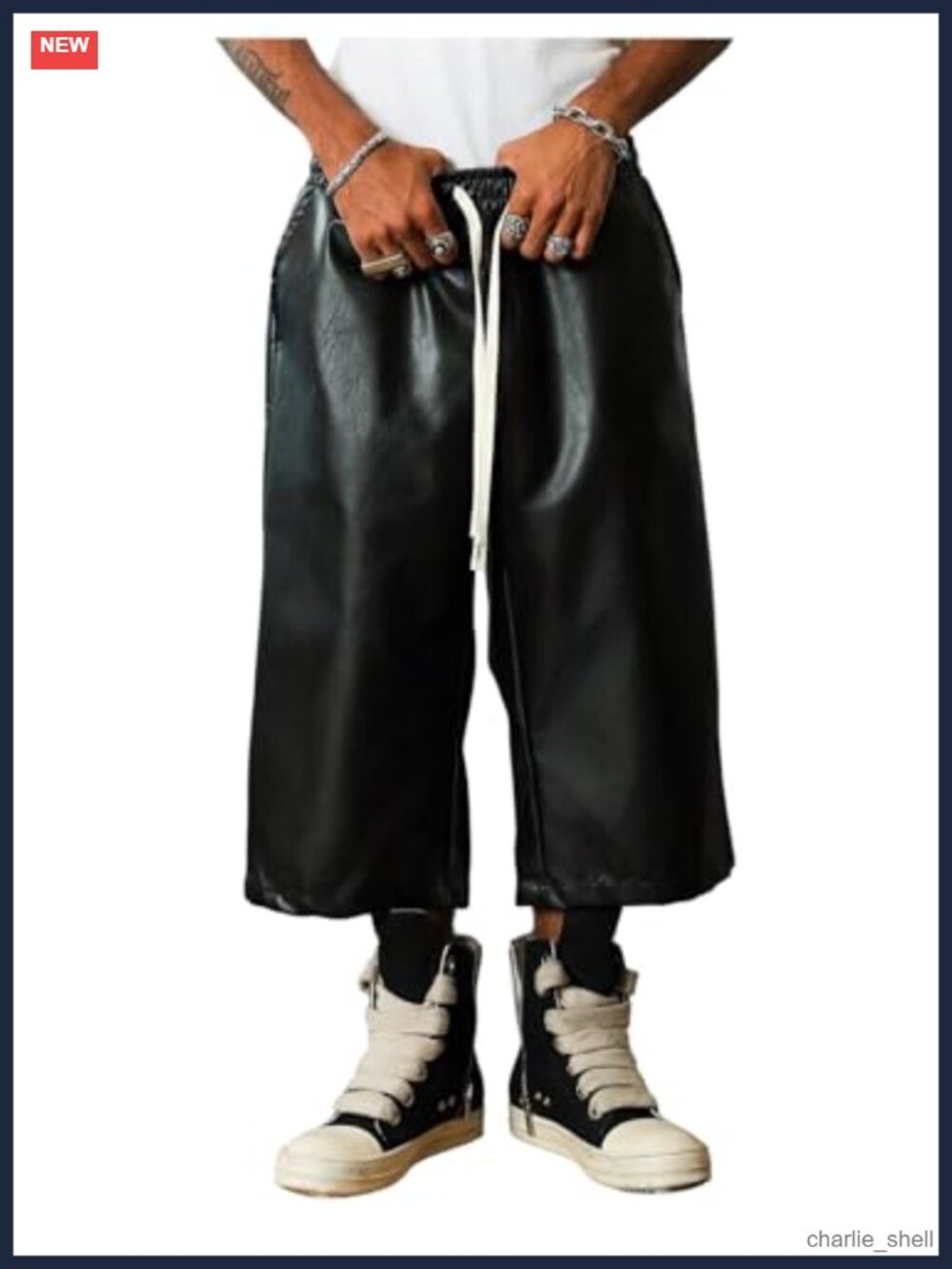 Men's Faux Leather Baggy Bermuda Shorts Y2K Hip Hop Streetwear with Pockets